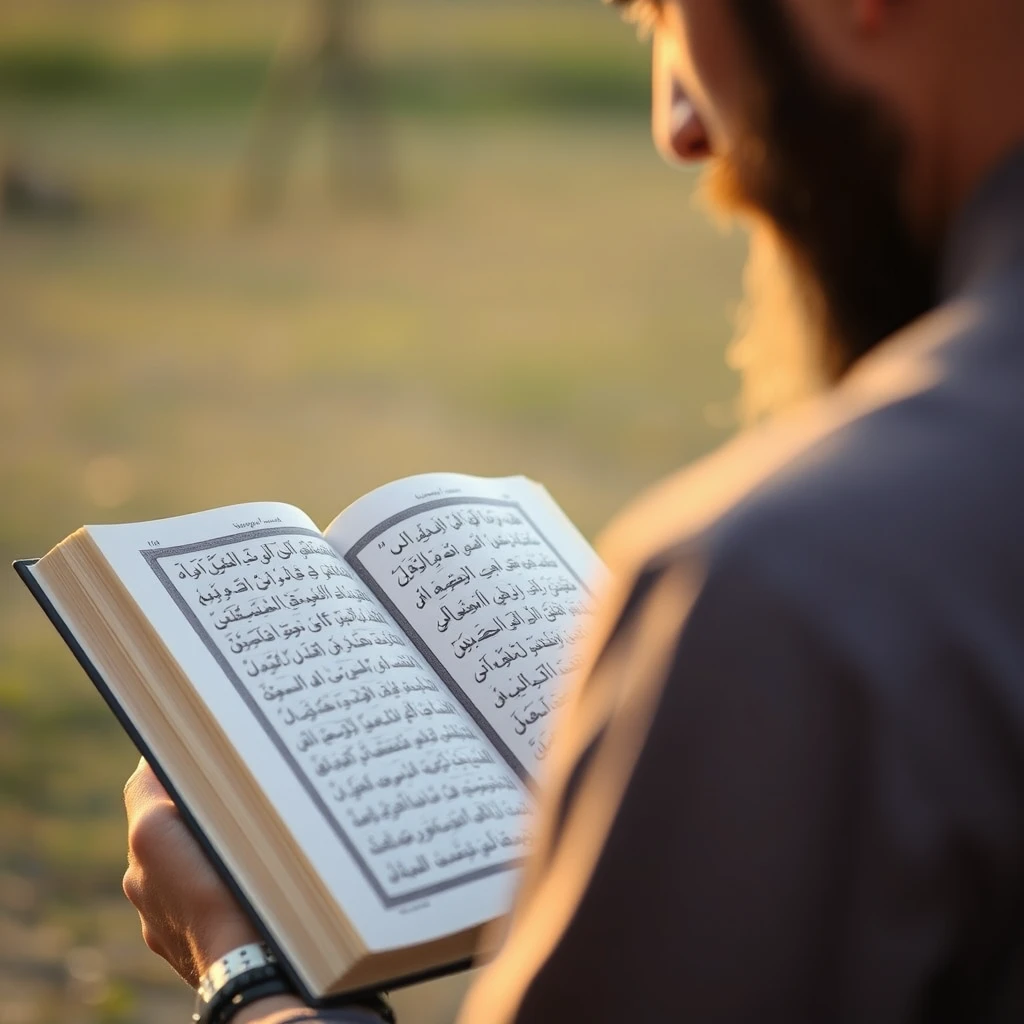 A Muslim reads the Quran, bokeh, golden hour, outdoor. - Image