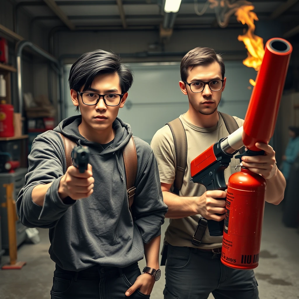 21-year-old white thin northern Chinese man with a square chin, wearing square glasses, mid to long hair, holding a pistol; 21-year-old white Italian man wearing round glasses and short hair holding a very large fire extinguisher flamethrower; garage setting; both angry.