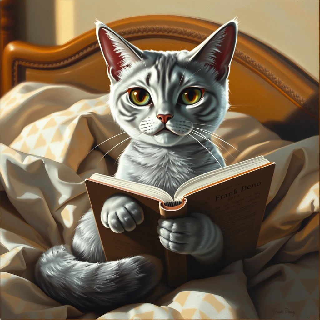 Painting Style: Professional oil painting, rich in texture and detail, reminiscent of classical portraiture but with a modern twist.  
Subject: A silver-colored cat, rendered in a Japanese anime style with large, expressive eyes and sleek, stylized fur. The cat has a aloof and sophisticated expression. It is sitting upright on a bed with a book held open in its paws, seemingly engrossed in reading.  
Setting: The bed is depicted with soft, rumpled bedding and perhaps a decorative headboard. The overall lighting suggests a cozy and intimate bedroom setting, bathed in warm, natural light.  
Details: Pay attention to the texture of the cat's fur, the delicate details of its face, and the intricate folds of the bed linens. Capture the reflective quality of the light on the silver fur. The book the cat is reading should have a visible title and perhaps some illustrations.  
Signature: Discreetly place the signature "Frank Deng" in the lower right corner of the painting, as if it were the artist's signature on a traditional oil painting.  
Overall Impression: The painting should evoke a sense of quiet contemplation and capture the unique charm of the anime-inspired cat in a realistic and painterly style. - Image