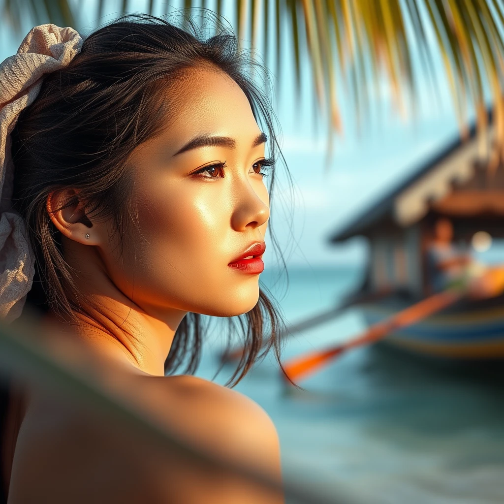 Immerse yourself in the captivating portrait of a stunning petite Thai woman on the enchanting beaches of Thailand. This cinematic photoshoot, meticulously crafted, showcases her beauty with precision. Shot on a 25mm lens, the depth of field and tilt blur create a compelling narrative. With settings like a 1/1000 shutter speed, F/22 aperture, and calibrated white balance, the breathtaking 32k resolution reveals remarkable details. Super-resolution preserves nuances, while Pro Photo RGB enriches colors. Lighting techniques, from half rear to backlighting, accentuate elegance. Volumetric, Conte-Jour, and global illumination add depth. Scattering, reflections, and artistic elements enhance realism. Technical advancements like anti-aliasing and ambient occlusion refine quality. Prepare for an extraordinary blend of photography and CGI, where intricacy meets grace. - Image