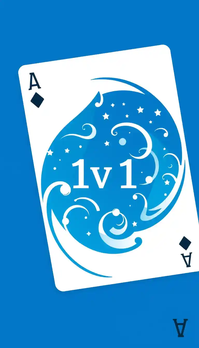 The image is a graphic design of a playing card with a blue aqua theme in the center. In the center, it says "1v1" with white swirls and stars scattered throughout. The card is portrait-shaped and has a blue background. The overall design is modern and minimalistic.