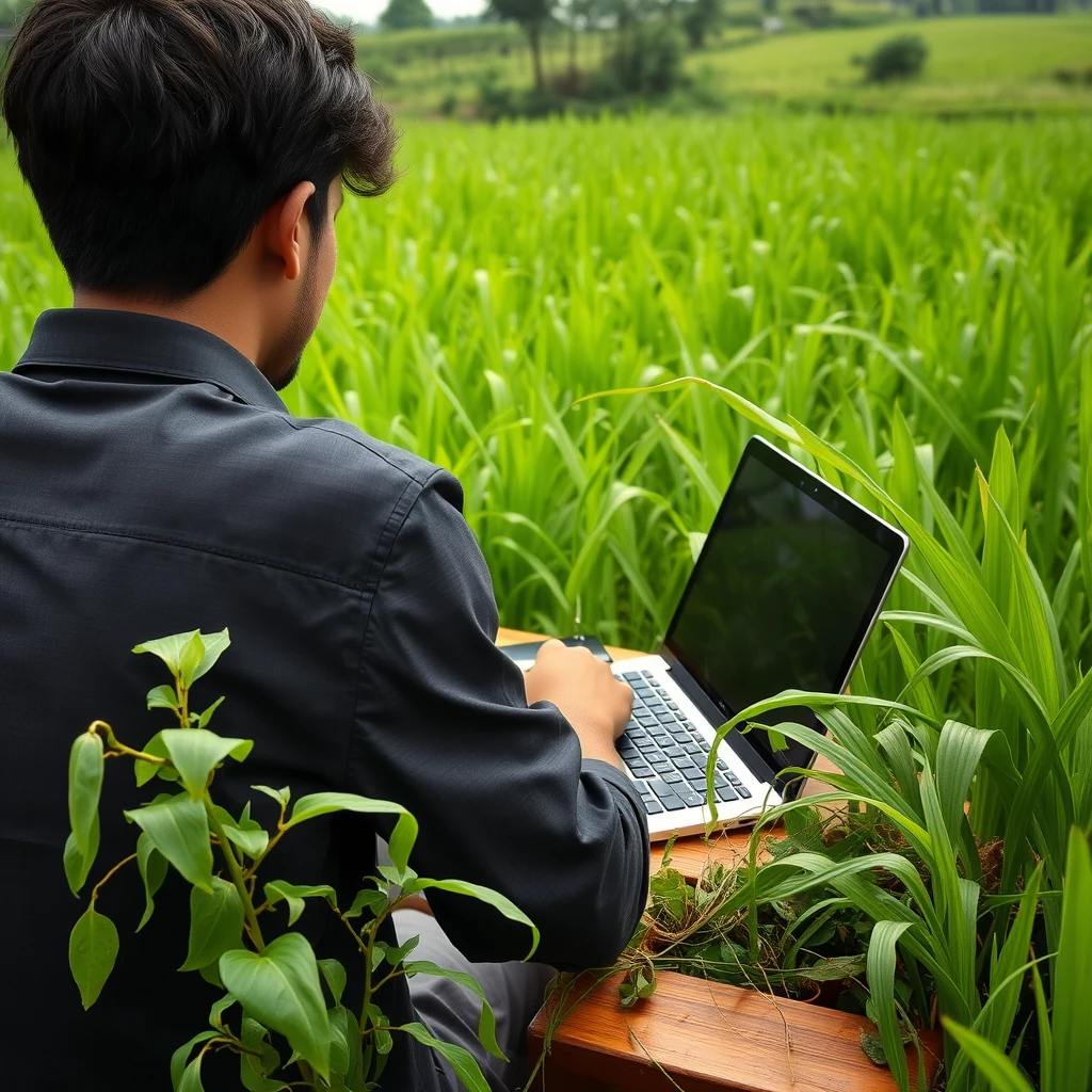 "An IT person is coding in the midst of lush rice fields at a table, where the rice plants are even climbing onto the IT person's table, seen up close from behind. Even so, the IT person's handsome face is actually visible, but from the back, he is Indonesian, with nice hair."