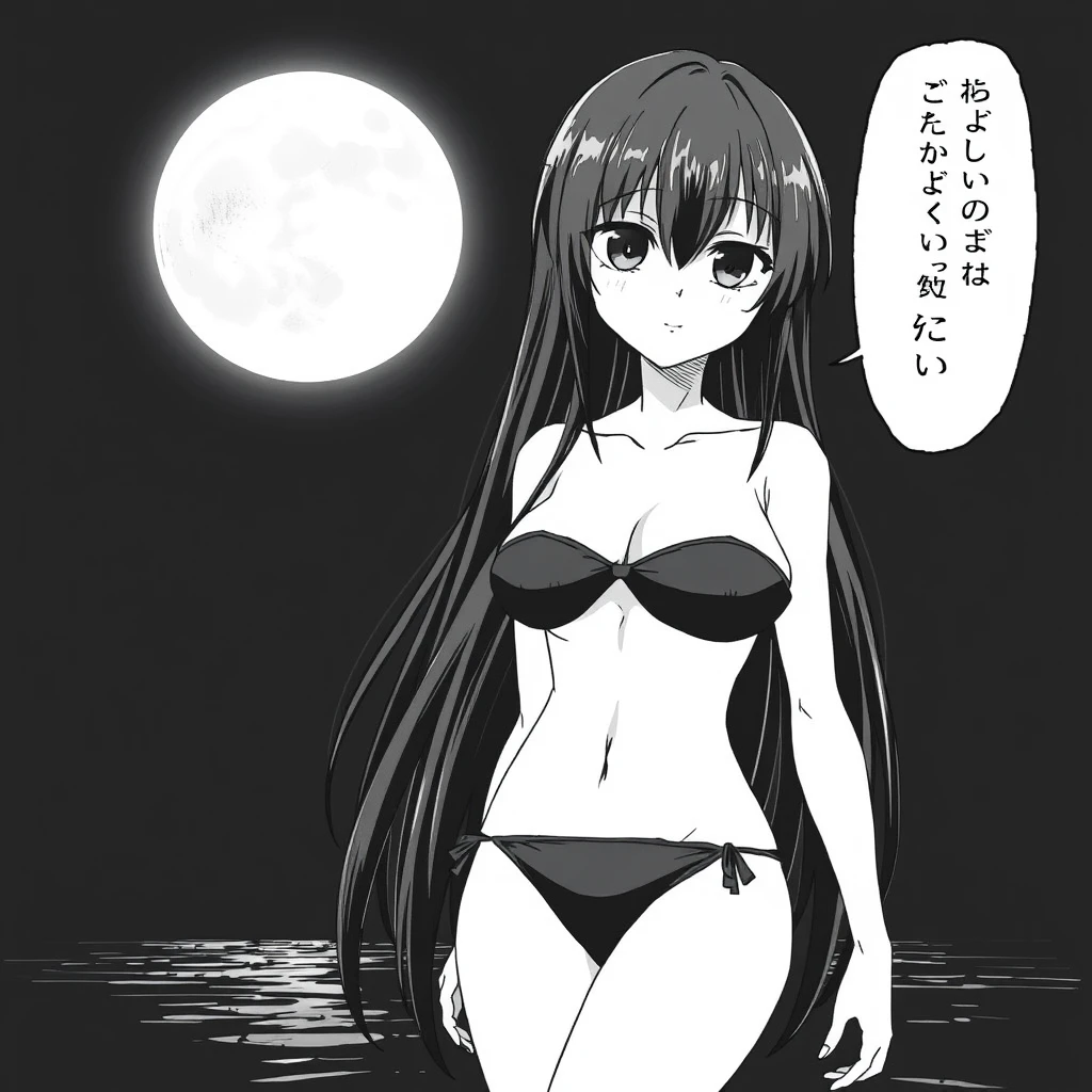 Girl with long, black hair in a black bikini. In the background, a black sky with a big, bright moon. Manga, grayscale.