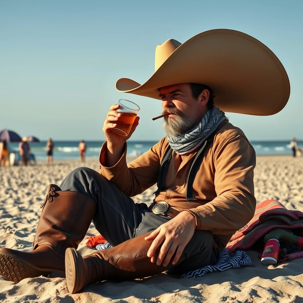 A photo realistic picture of an old west cowboy, but wearing a giant hat and giant boots, who is spending a day at the beach on the Jersey Shore drinking beer and smoking weed.