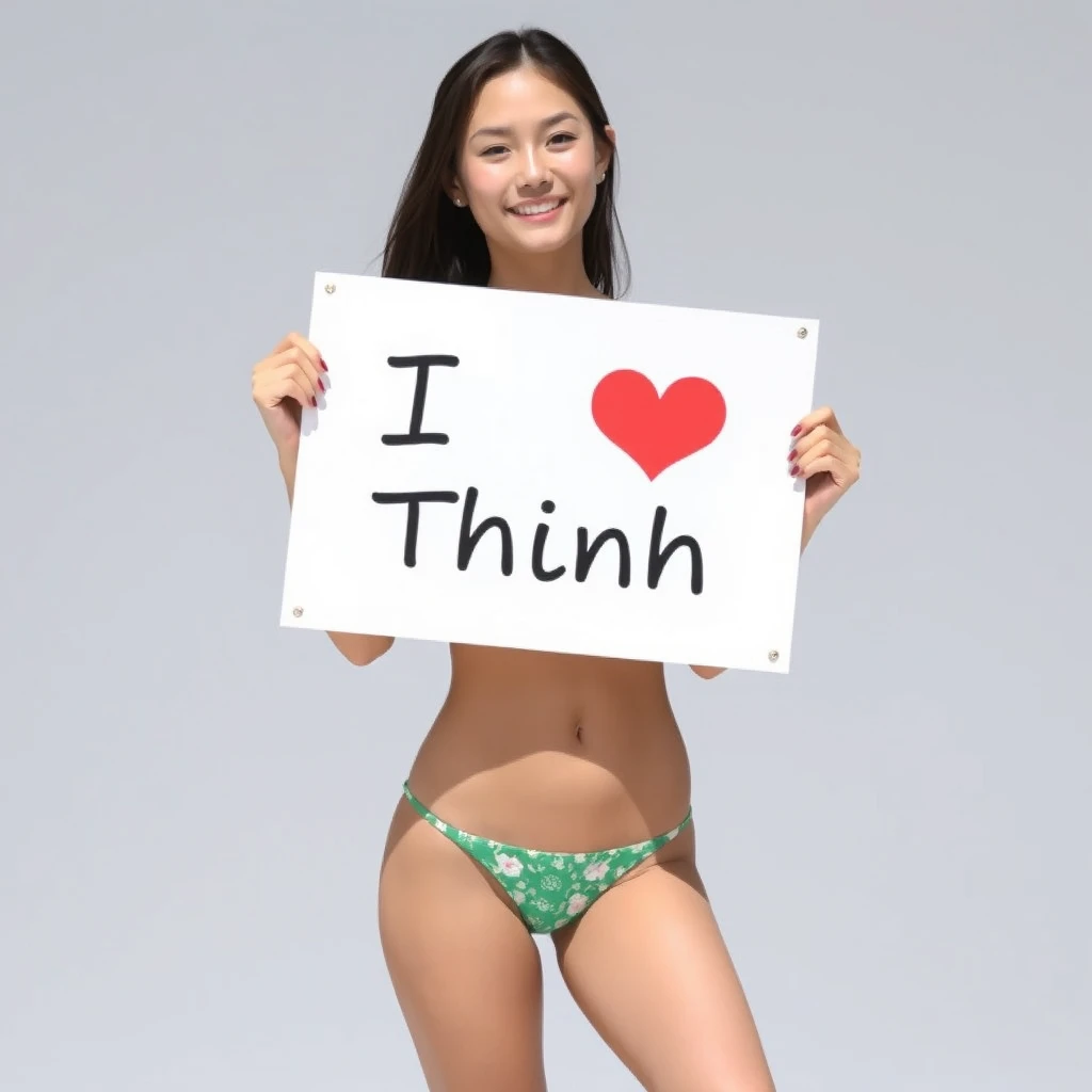 A young woman in a bikini holding a sign with the text "I love Thinh".