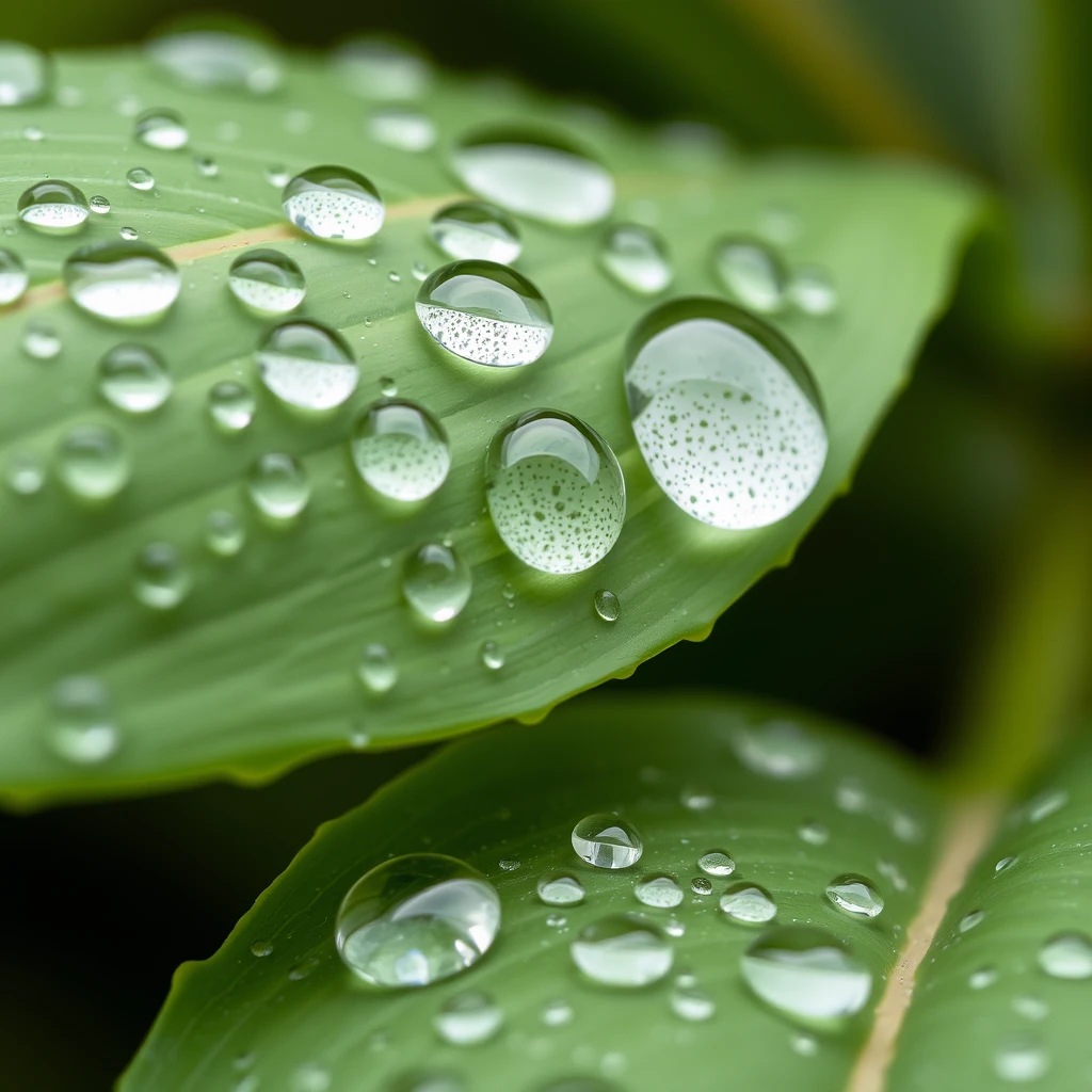 Water droplets on soybean leaf, macro photography, detailed, high resolution.