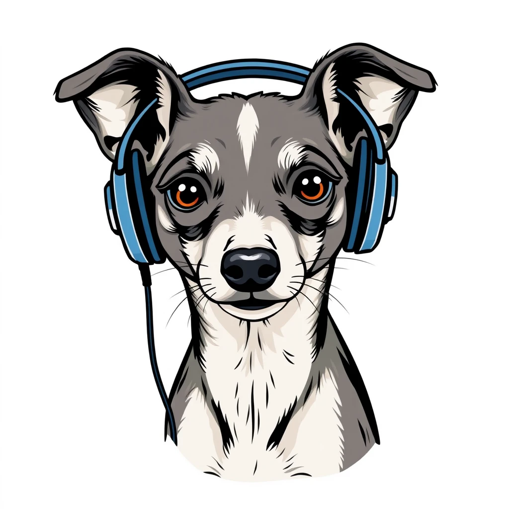 Whippet with headphones, mottled style, clean, simple, white background, professional tshirt design vector - Image