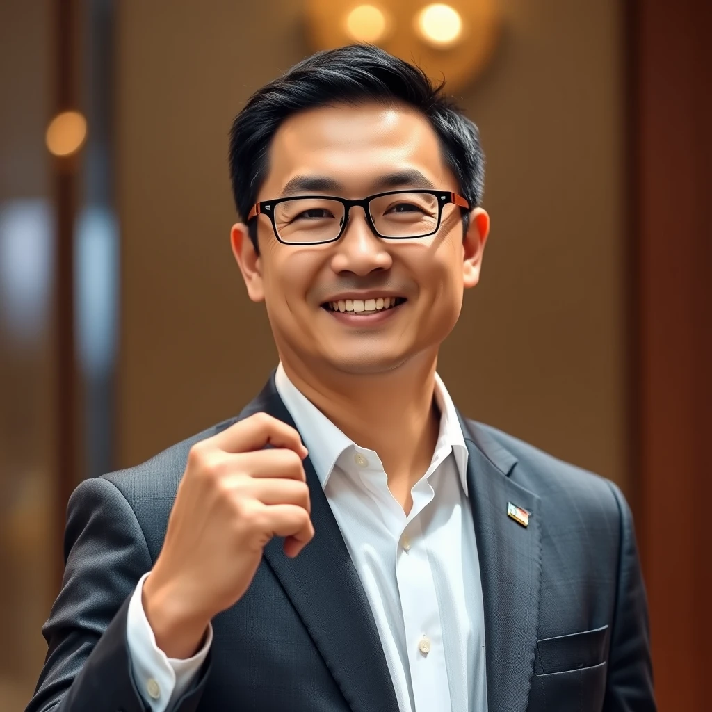 Use the person in the photo attached https://drive.google.com/file/d/1-XR9anURpPJtBQfF1jR5Va23DAu35aeV/view?usp=drivesdk
Generate a realistic photo of a Chinese male insurance agent from AIA. 
35 years old posing for his full body portrait photo
In 2023 annual award presentation night receiving his MDRT recognition. - Image