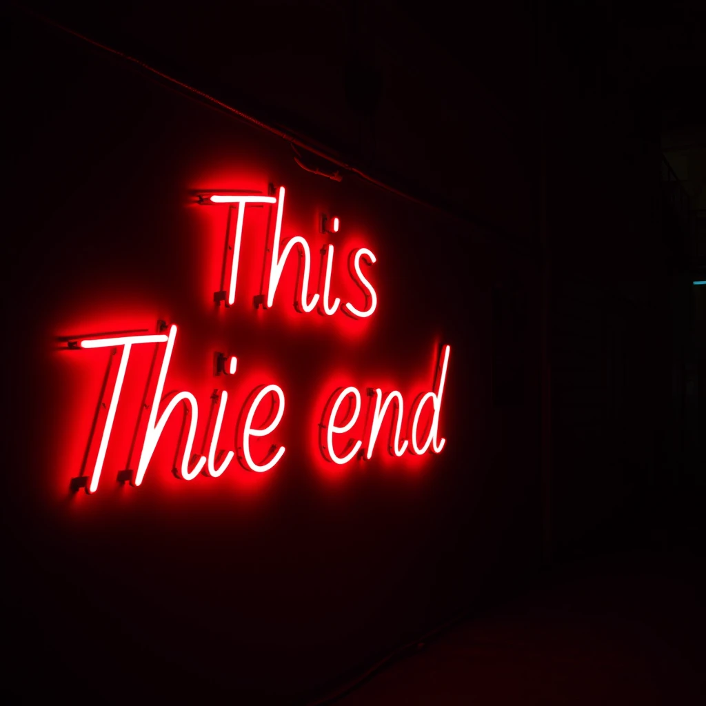 "This is the end" vitreous neon text on a wall in the alley at night, theatrical side lighting, perfect composition, photographic masterpiece.