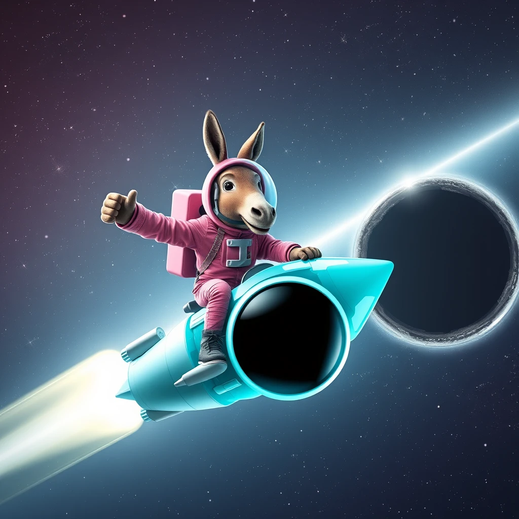 An ambitious donkey wearing pink astronaut costume, riding on a crystal light cyan stunning spaceship, making a punching gesture, flying to the outerspace under a clear night sky with lots of shining stars, passing by a huge black-hole. Realistic style.