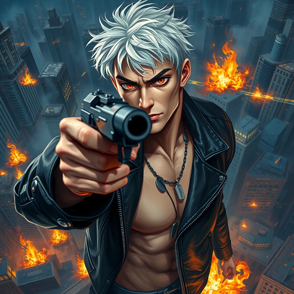 An adult male with a gun aimed at the camera, short white hair, red eyes, black leather jacket, muscular figure, playful gaze, city night scene, high altitude, flames, explosions, black series, scattered bullet shells, iron chains, messy hair, character facing the camera, upper body, movie level lighting, thick painting style, ultimate color application, oil painting texture, Van Gogh style, Impressionist style, delicate brushstrokes, unclear line drawings, brilliant colors, soft light and shadow, 2.5D, Van Gogh's works.