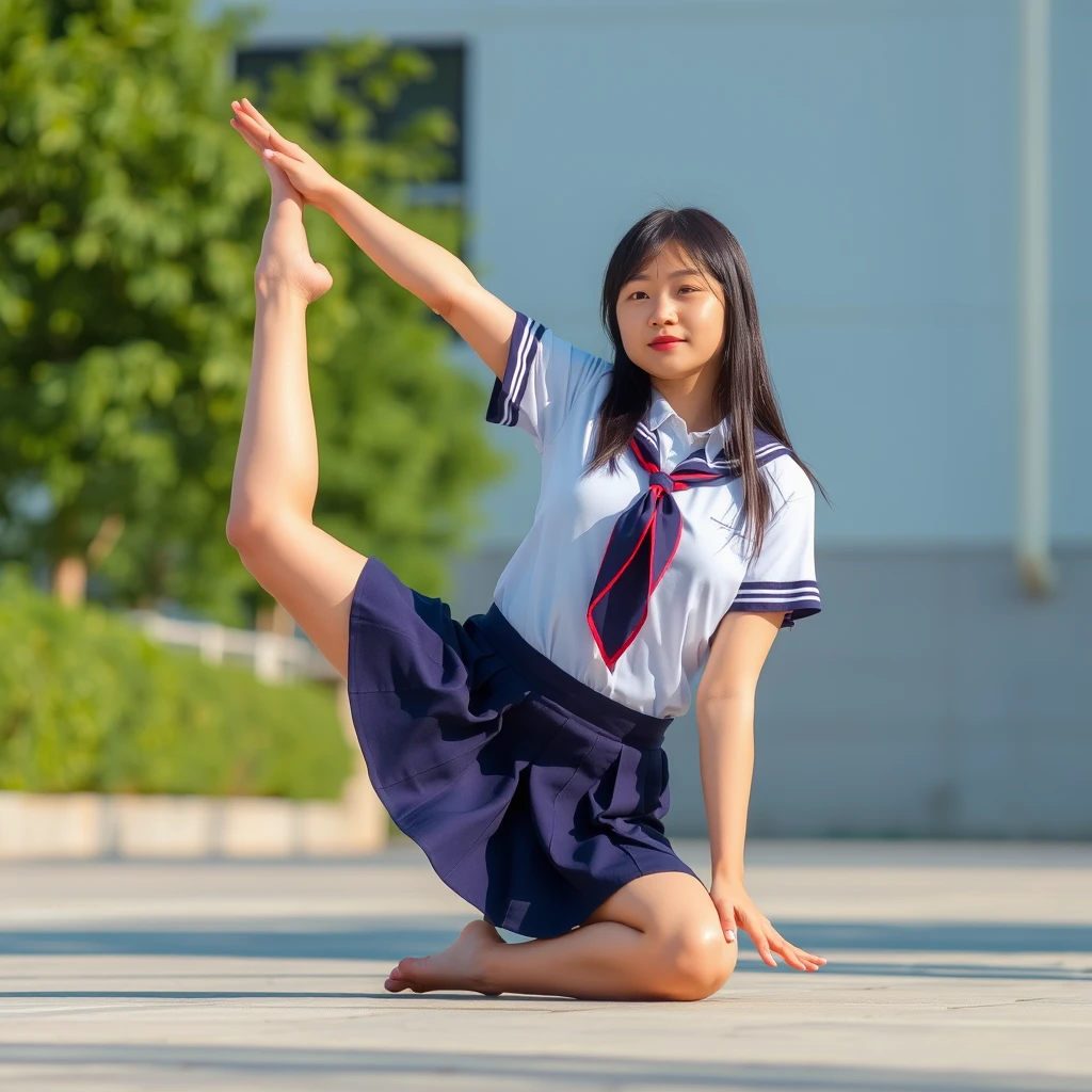 The female student in a school uniform skirt is doing yoga poses on the ground.