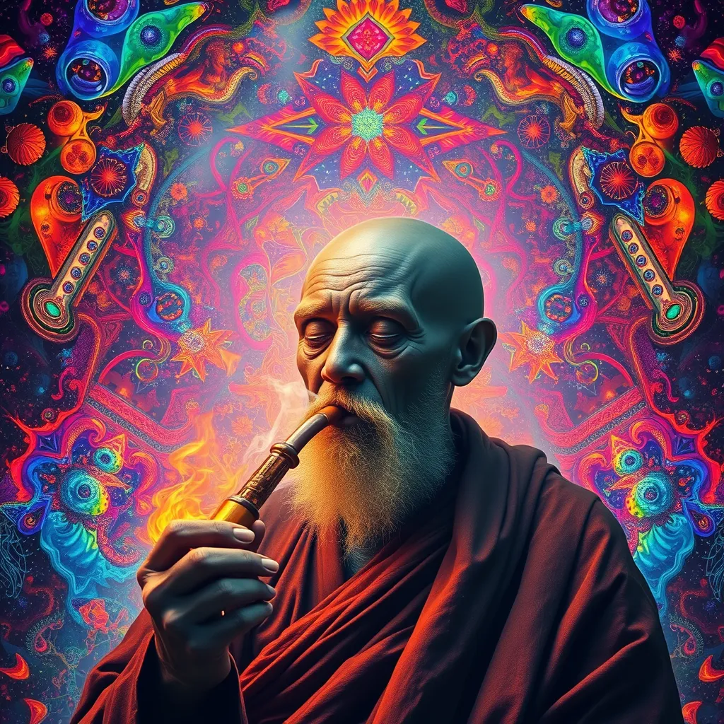 Dark monk smoking DMT from a pipe and breaking through to another dimension full of multicolored fractals. - Image