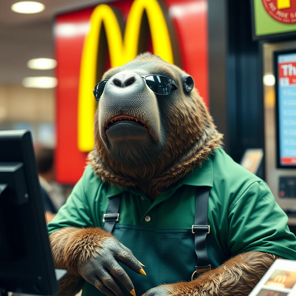 Walrus wearing sunglasses working register at McDonald’s