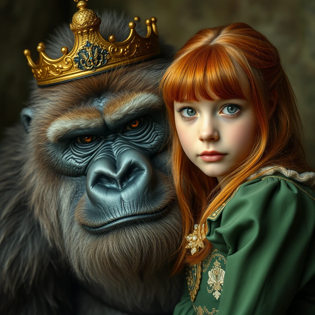 "King fierce gorilla next to a cute ginger Russian green-eyed bangs-haired teenage princess vintage style."