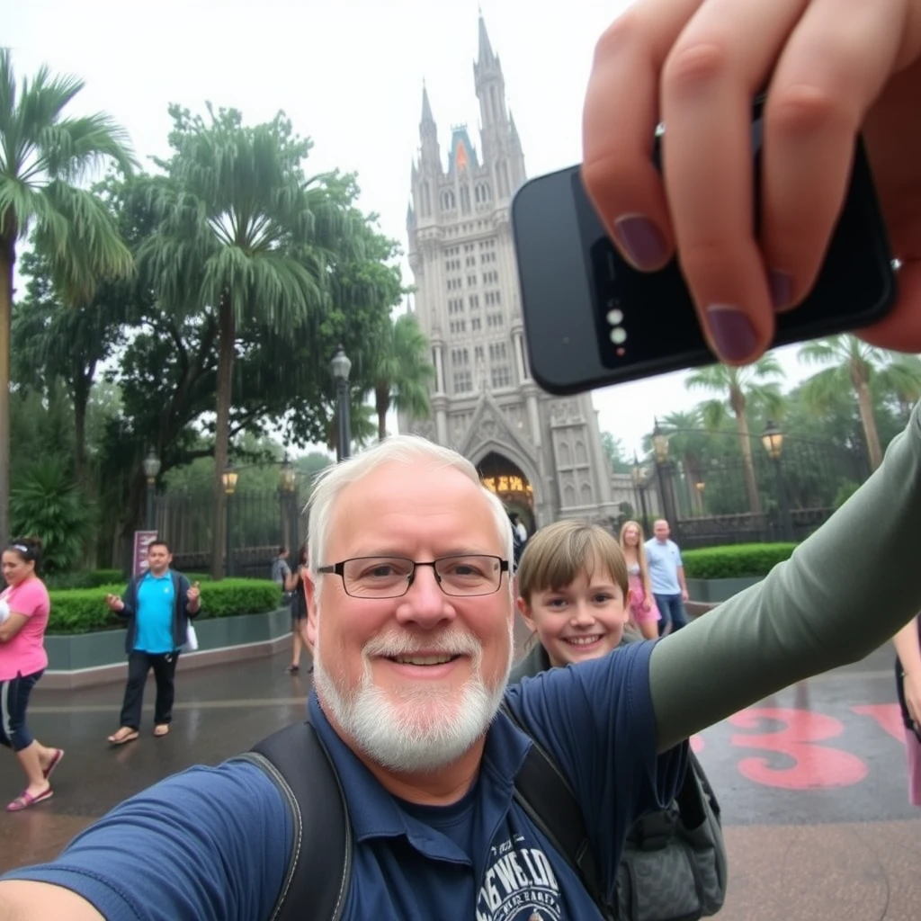 A father taking a selfie in front of the Tower of Terror at Disney World on a rainy day.