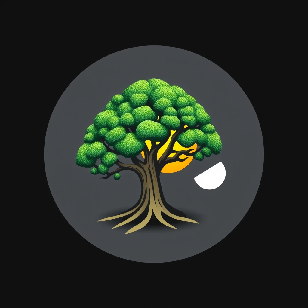 "Google logo icon, composed of a big tree, sun, and moon." - Image