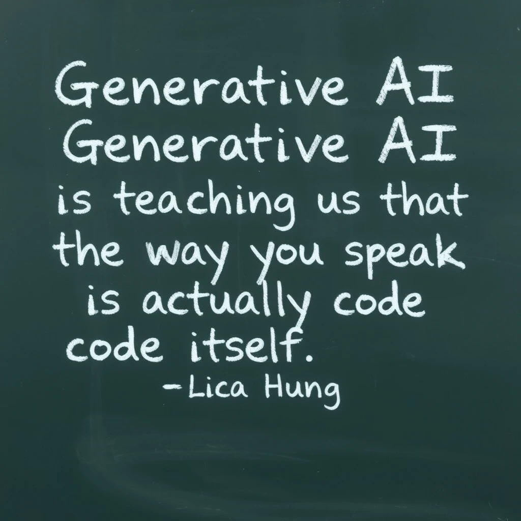 A chalkboard with writing on it that says “Generative AI is teaching us that the way you speak is actually code itself” – Lisa Huang. - Image