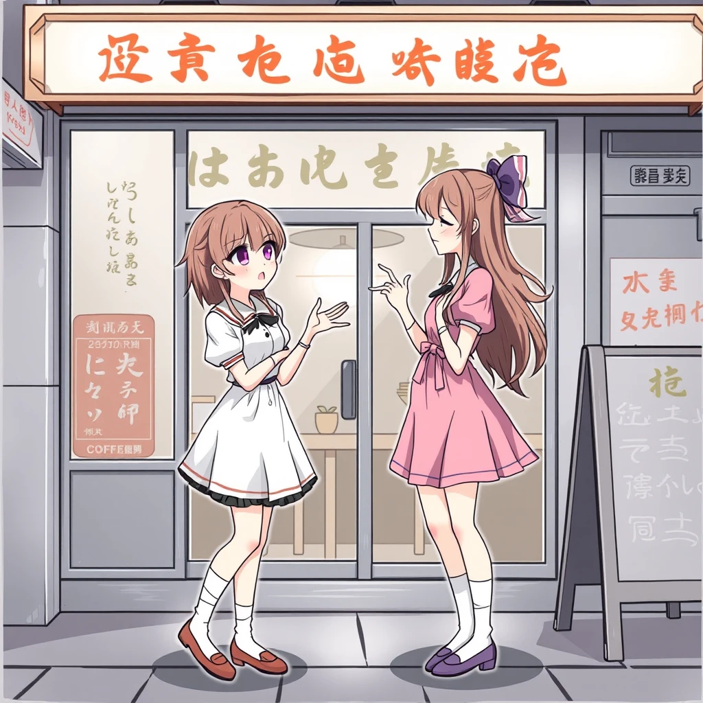 Two beauties are arguing outside a coffee shop. They have beautiful eyes, are wearing dresses, and you can see their socks. There is a sign outside the restaurant, and the words on the sign are clearly visible, written in Chinese characters. - Image