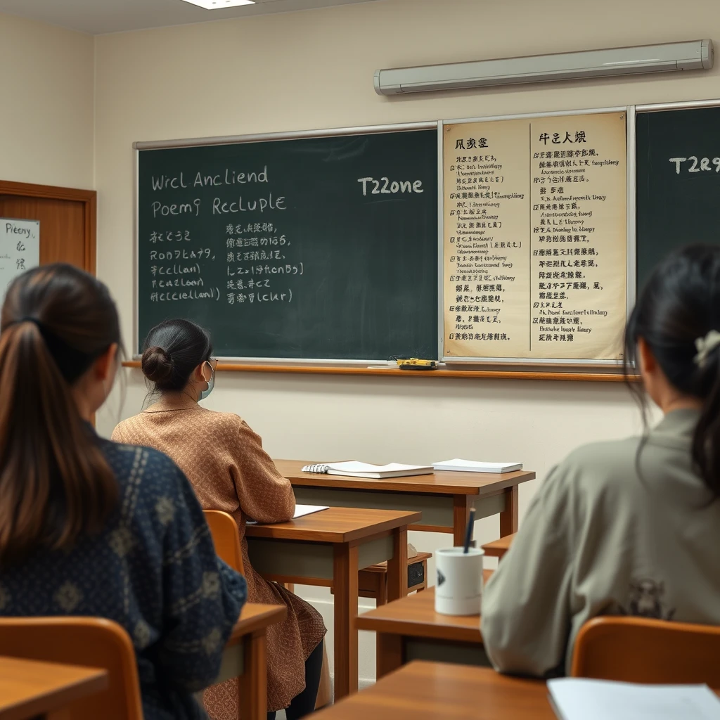 In the classroom, there are female students attending class, studying Japanese, and there are ancient poems on the blackboard.