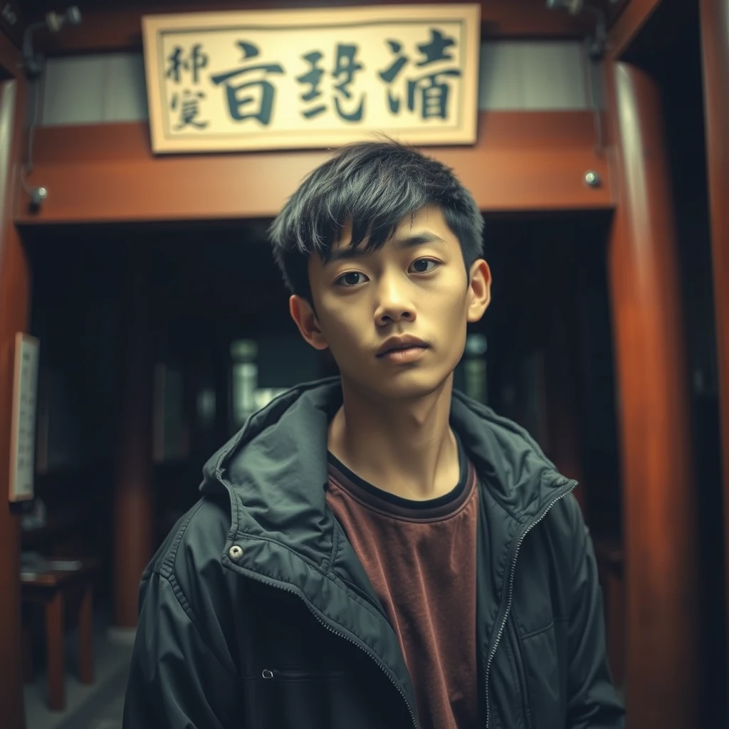 A young Asian man with a jacket in a Japanese shrine, indoors, dark surroundings, curious, reality, looking at the viewer.