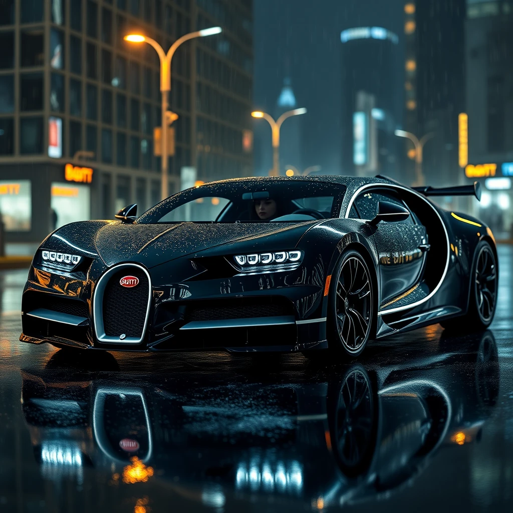 Bugatti La Voiture, Bugatti, masterpiece, highly detailed photorealistic 8k raw photo, Rainy night, night, bright tones, real light and shadow, best cinematic quality, volumetric lighting and shadows, 1 girl driving car, sprktt, cutting-edge design, showcasing sleek lines, advanced features, innovation, futuristic cityscape, high-tech laboratory, futuristic cityscape background, Full shot, shiny and reflective bodywork, 8k. - Image