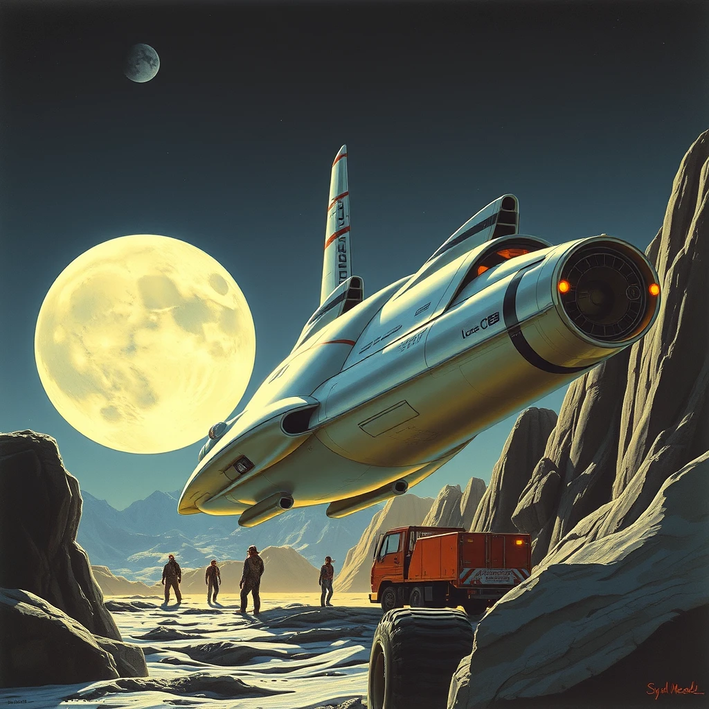 A spaceship concept, being loaded, a painting by Syd Mead, sleek, moon setting. - Image