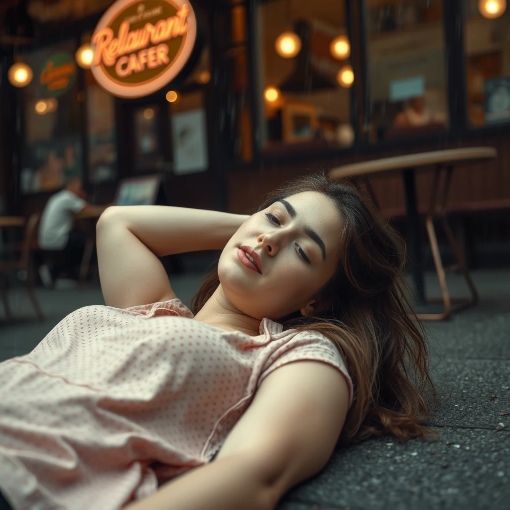 A young woman is lying on the ground outside a restaurant in a storm.