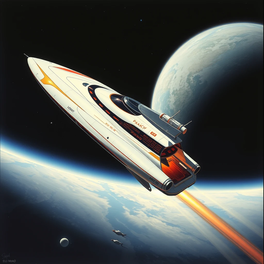 a space-yacht concept, in low earth orbit, a painting by Syd Mead, sleek, futuristic, a full length mural decorates the side.