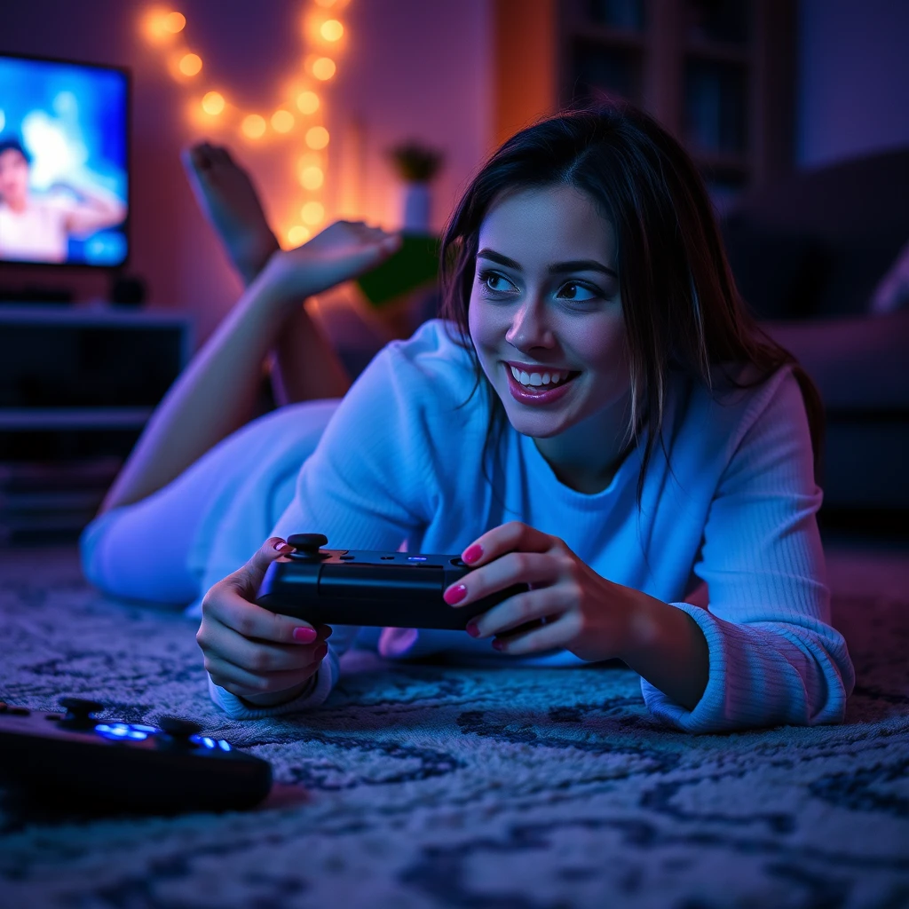 Woman playing video games laying on stomach - Image