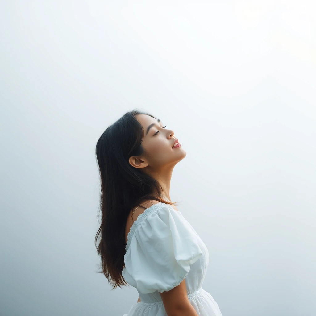 A serene, blissful scene of a young woman in a white dress.