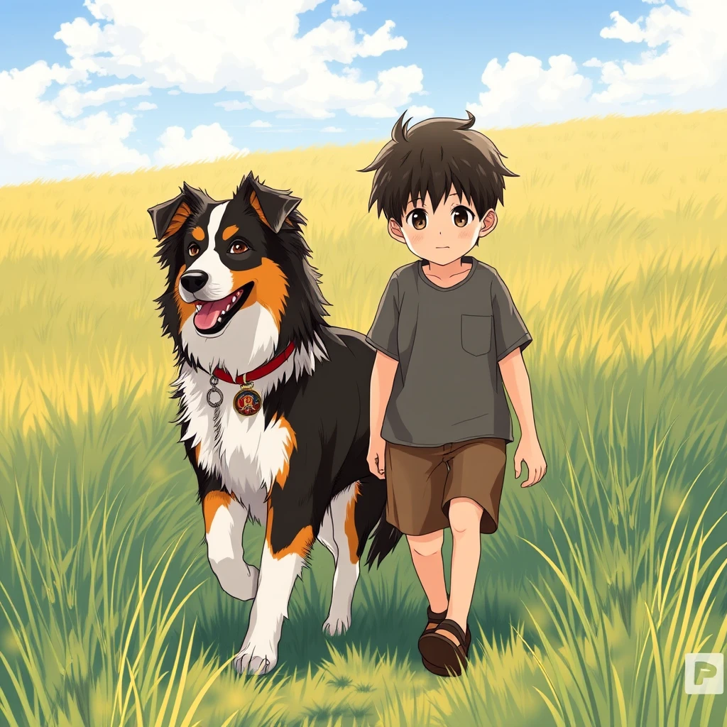 An anime-style image of a boy with an Australian Shepherd walking in the meadows. - Image