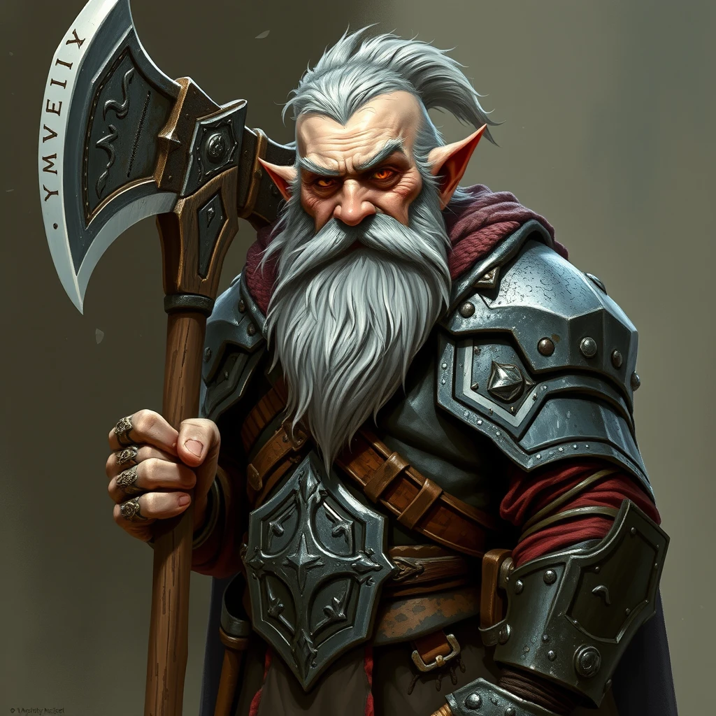 Fantasy. An old Dwarf with a graying beard, wearing armor that a castle guard would wear, carrying a battle axe, standing ready to fight. - Image