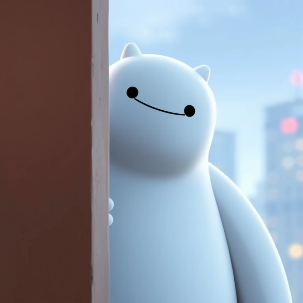 "Baymax peeking behind the wall." - Image