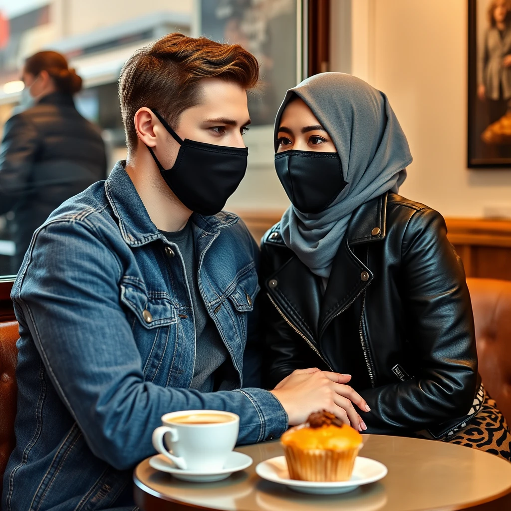 Jamie Dornan's head and body shot, handsome, black face mask, blue jeans jacket, jeans, dating love with a Muslim girl in a grey hijab, beautiful eyes, black face mask, black leather jacket, largest tiger pattern skirt, at a cafe, 2 cups of latte, muffin cake on a table, photorealistic. - Image