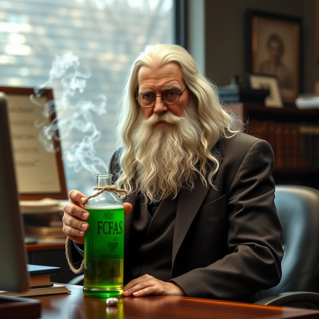 Gandalf in a suit in a modest office brews potion that says FCFA2S. - Image