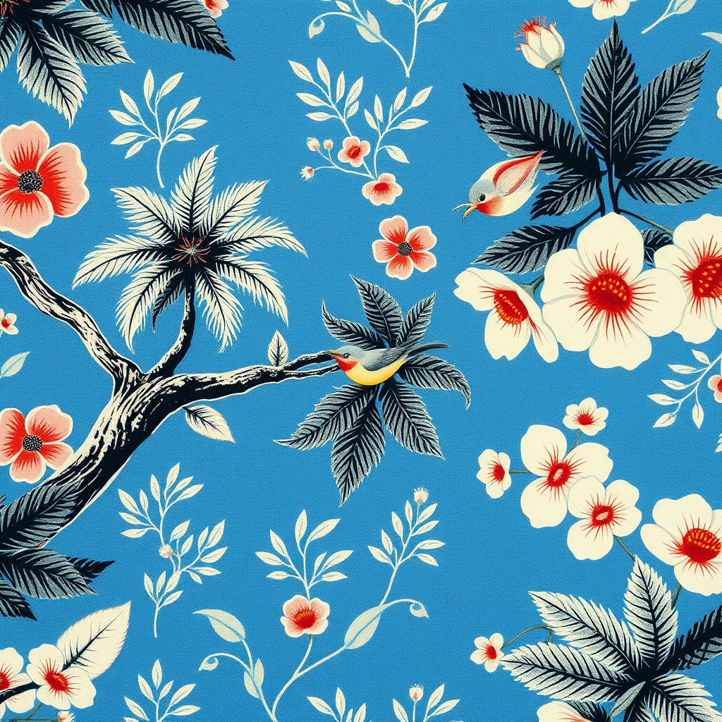 Art by Hayao Miyazaki, Photorealism, Classicism art, Ink Painting, textile pattern, a blue and white pattern with a tropical scene on its side and flowers in the background, a Flemish Baroque, best quality, extremely detailed, wallpaper, finely detailed features, extremely detailed CG unity 8k wallpaper, Annabel Kidston.