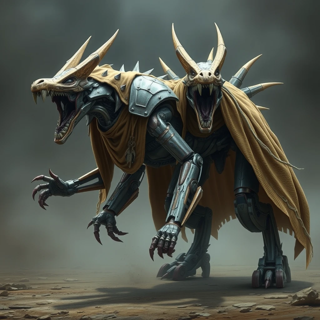 "Realistic style, animal form mechas, exoskeletons, wearing cloaks, roaring." - Image