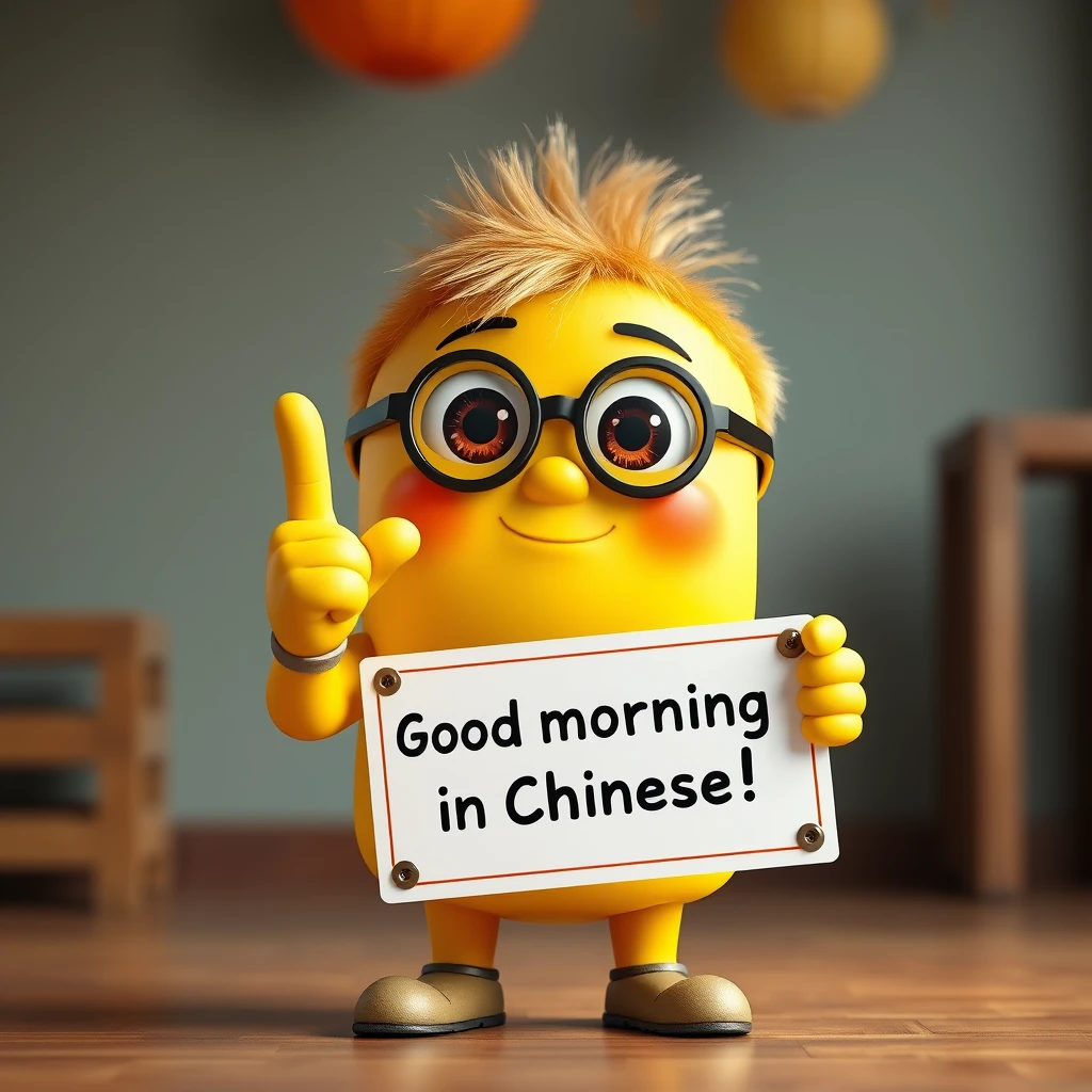 A realistic little yellow character is holding a sign that says "Good morning in Chinese!" and is extending their middle finger forward, high-quality details, ultra-realistic, HD, 8K, photo.