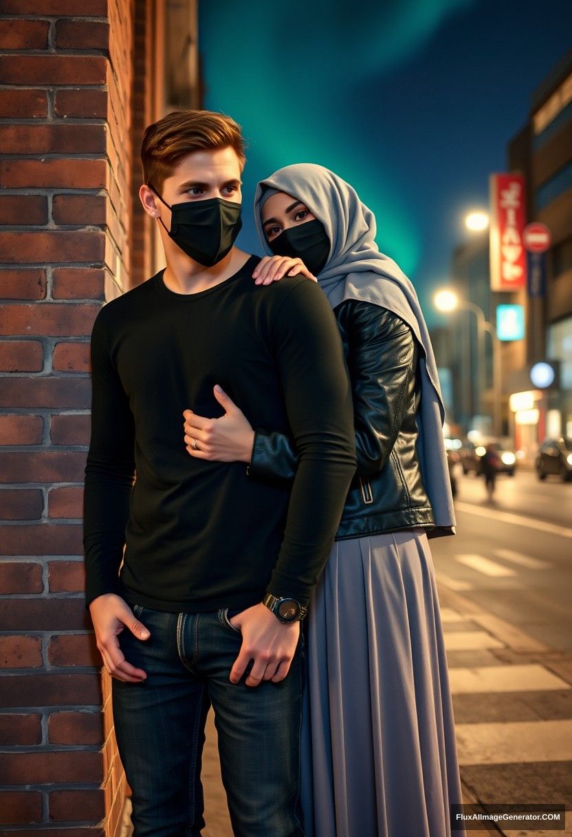 Jamie Dornan, tall, young, wearing a black face mask, black long-sleeve playboy T-shirt, jeans,

dating and romantically involved with a grey hijab-wearing Muslim girl, beautiful eyes, black face mask, leather jacket, wearing an extremely long and big skirt, not a tall girl,

lying on his shoulder, hugging him from behind, persuading him, near a brick wall, in town, photorealistic, street photography, night scenery, aurora borealis.