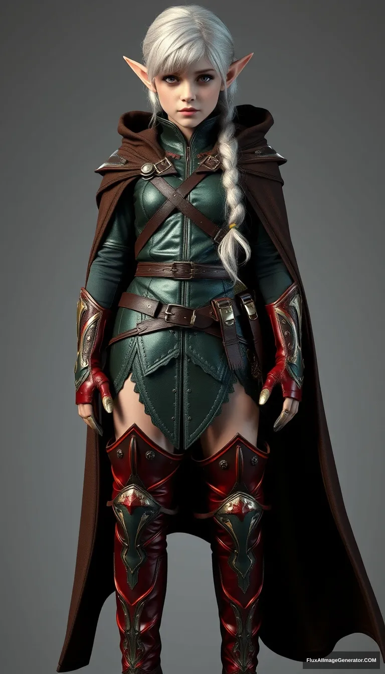 gorgeous and elegant girl elf warrior (Emma Watson), full body shot, platinum colored hair, greenish metallic military uniform, reddish military metallic boots, dark brown cloak, hyper-realistic photo, Unreal Engine