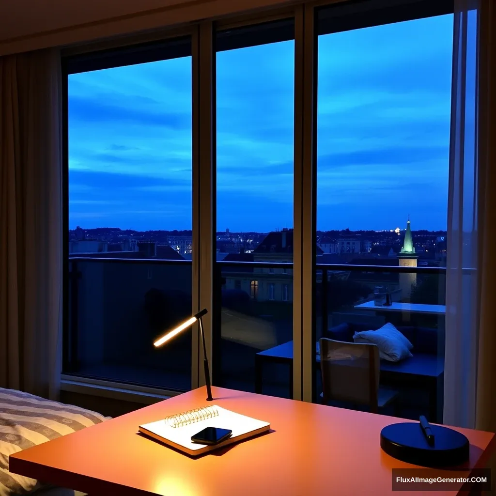 Modern bedroom apartment, big glass window, midnight in France, a study lamp lighting, a notebook and phone on a study desk.