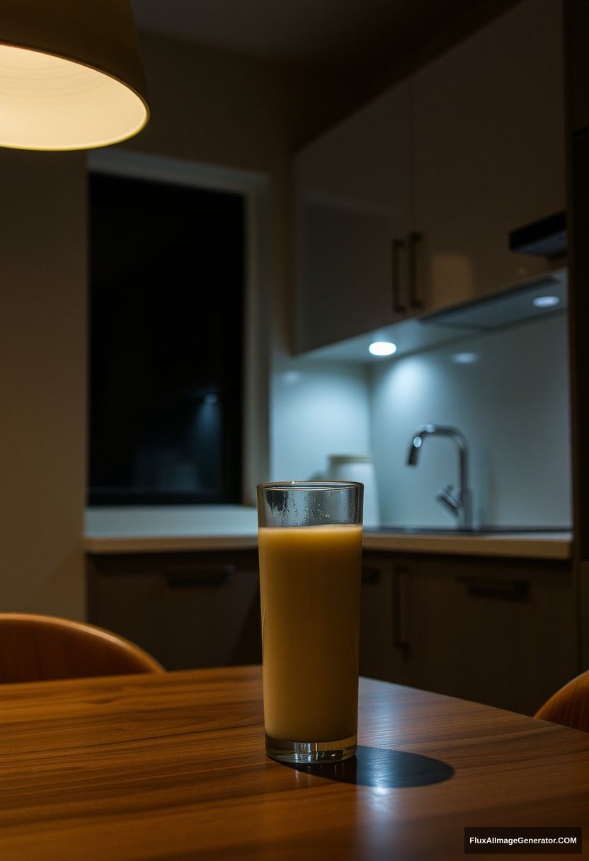 At a modern kitchen, at midnight, gloomy lighting, fresh milk in a glass on a table.