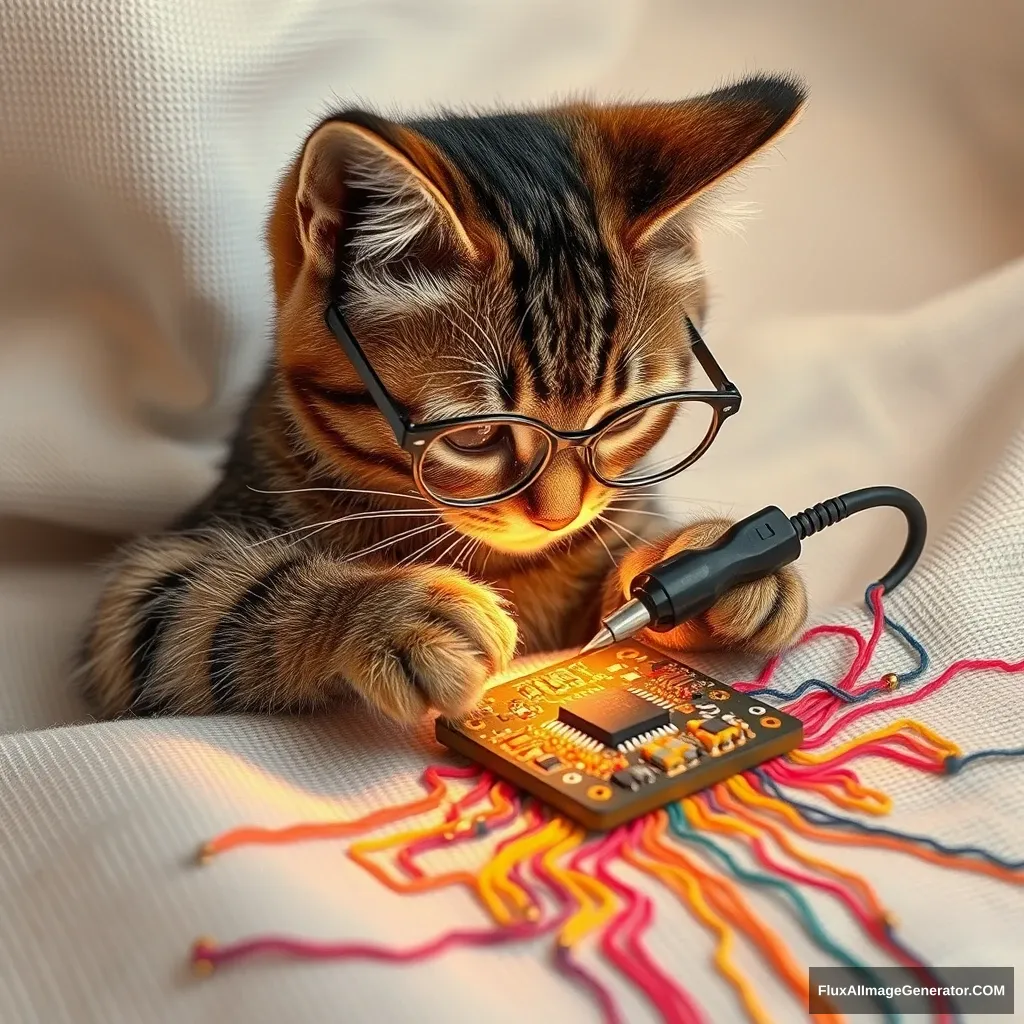 A mischievous tabby cat, wearing tiny spectacles, meticulously solders a circuit board with a miniature iron. Vibrant threads weave intricate patterns, mimicking electronic pathways. Soft fabric backdrop, warm lighting. Delicate French knots form components. Style: Hyper-realistic embroidery art, blending traditional craftsmanship with modern technology. - Image