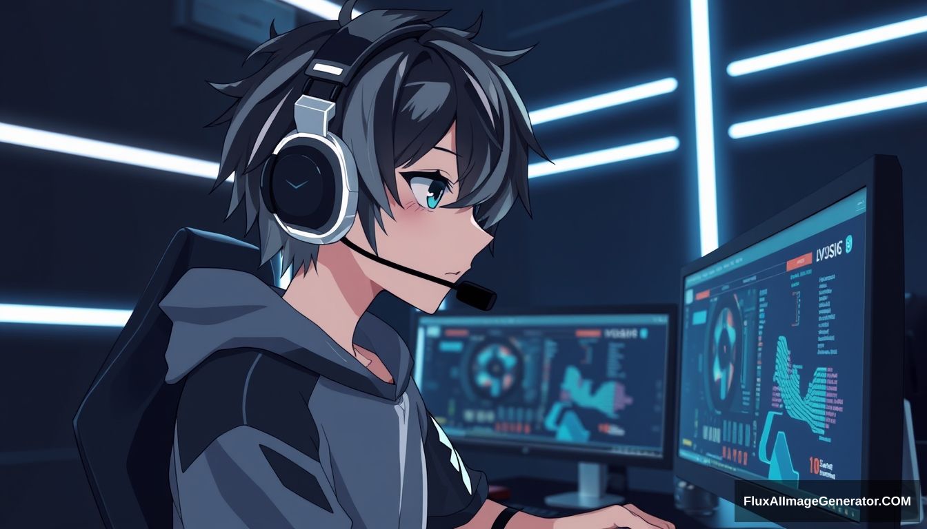 A boy in anime style with black and white hair wearing headphones and a microphone, looking at his gaming setup monitors, in a black room with white neon lights in the background. - Image