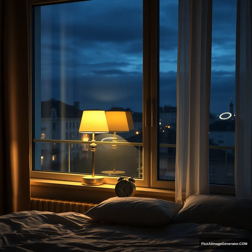 Big glass window, modern bedroom apartment in France, a study lamp lighting, midnight scenery, 2:15 am on a small clock on a small desk behind the bed, hyper-realistic, photorealistic.