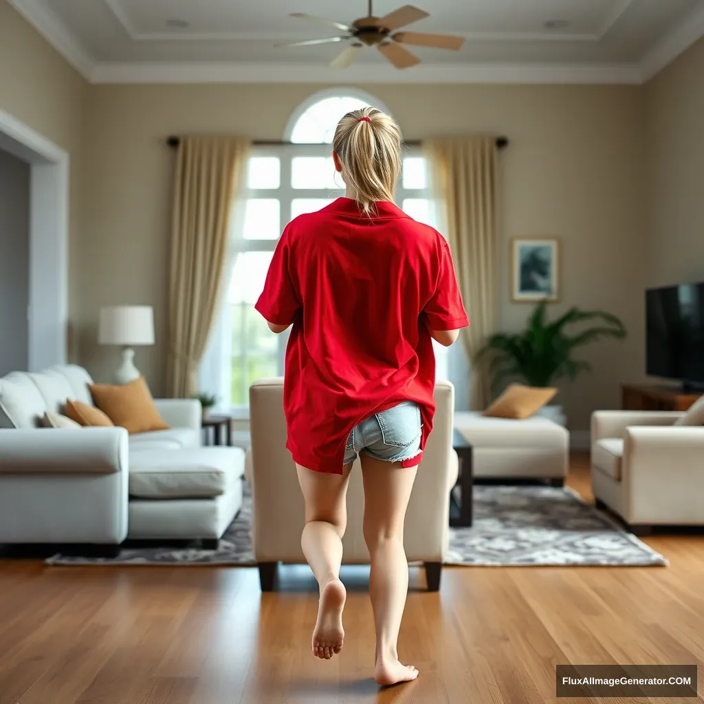 Back view of a skinny blonde woman in her massive living room, wearing a massively oversized red polo shirt that is very off-balance on one shoulder, along with big light blue denim shorts that reach her knees. She is barefoot and faces the camera as she gets off her chair, running towards it with both arms crossed over her chest. - Image