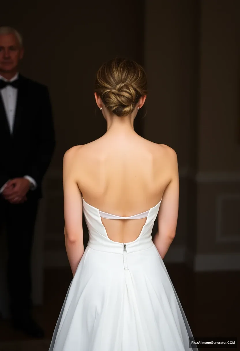 a short young woman, sensitive, delicate, ashamed, backless strapless small-waisted wedding dress, in front of patriarchy, expectations - Image