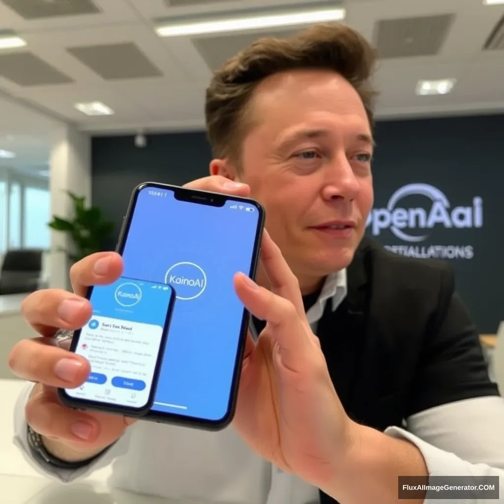 Elon Musk está sosteniendo un teléfono y la pantalla del teléfono muestra la aplicación KainoAI, el fondo es la oficina de OpenAI.