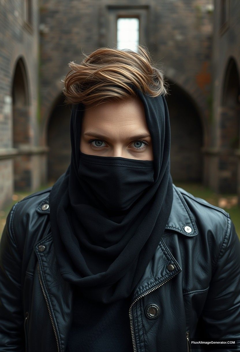 Jamie Dornan's head and body shot, handsome, face mask black, black leather jacket, dating, love with the biggest black hijab Muslim girl, not tall, beautiful eyes, face mask, maroon leather jacket, biggest black skirt, hyper realistic, studio photography, full body photo, explore at an abandoned castle. - Image